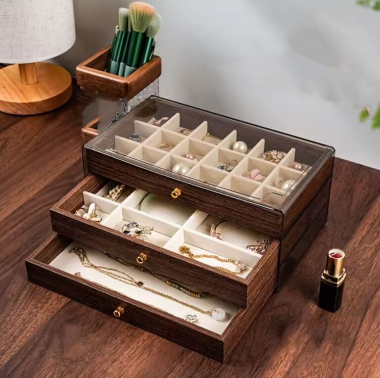 Joyero de 3 Niveles Premium de Madera con Vidrio Transparente y Compartimentos Ajustables