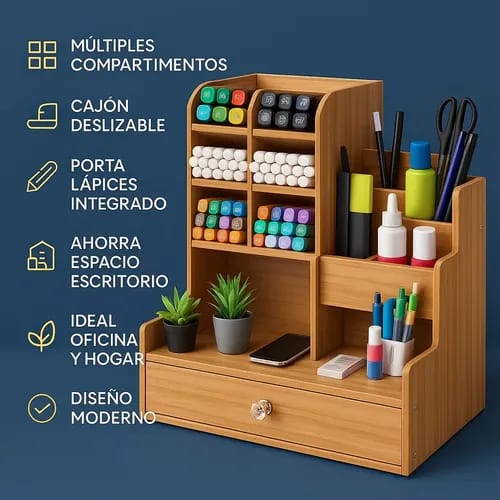 Organizador de Escritorio de Madera Trupan con Divisiones para Útiles de Oficina