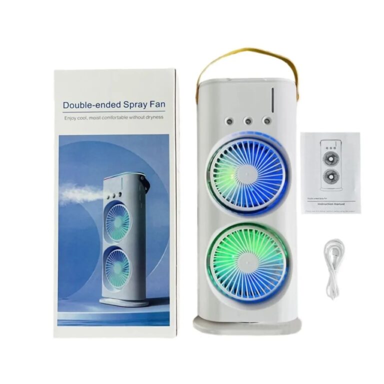 Ventilador Doble Cabezal Portátil Recargable con Humidificador y Luces LED