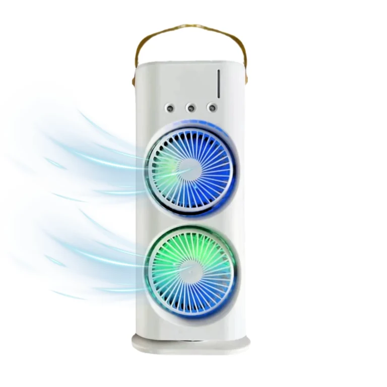 Ventilador Doble Cabezal Portátil Recargable con Humidificador y Luces LED