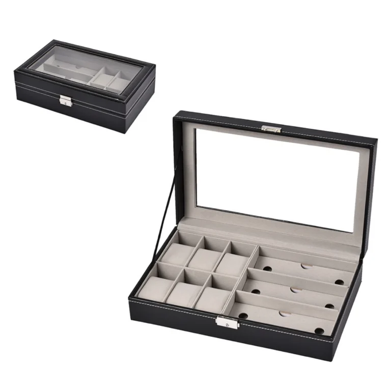 ORGANIZADOR DE RELOJES Y LENTES CON TAPA DE VIDRIO – ESTUCHE ELEGANTE PARA ACCESORIOS